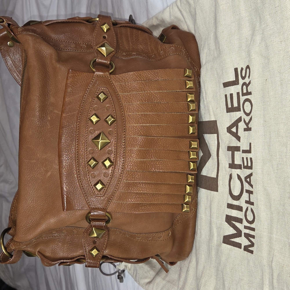 MICHAEL KORS Leather Studded Fringe Tassle Bohemian Hobo Bag Tan Metallic Bronze